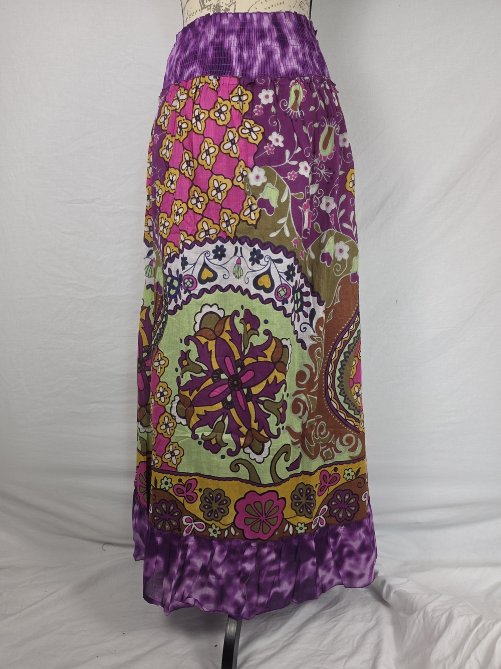 NWT Chaudry KC Boho Floral Patchwork Maxi Skirt Smocked Waist Purple 100% Cotton